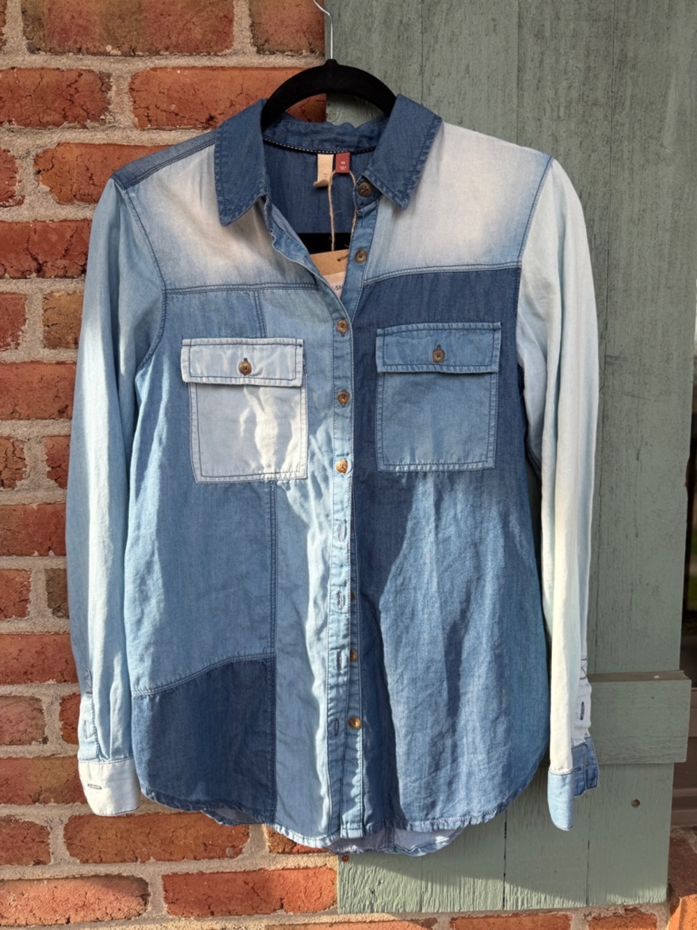 Anthropologie Pilcro Button Down Chambray Patchwork Shirt - Picture 2 of 6